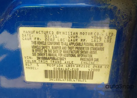 2011 Nissan Sentra Se-R из США, поврежденный, VIN 3N1BB6AP8BL678621